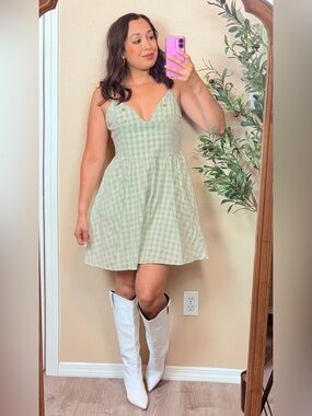 Zara | Women's Sage Gingham Fit & Flare Dress Large